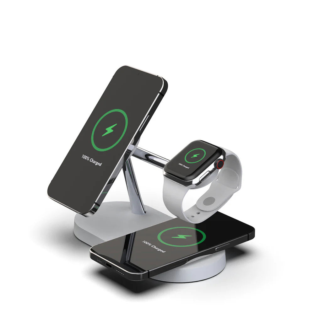 Three devices currently charging in the white wireless magnetic charger