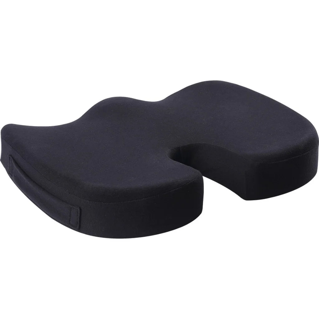 Black ergonomic seat cushion on a white background